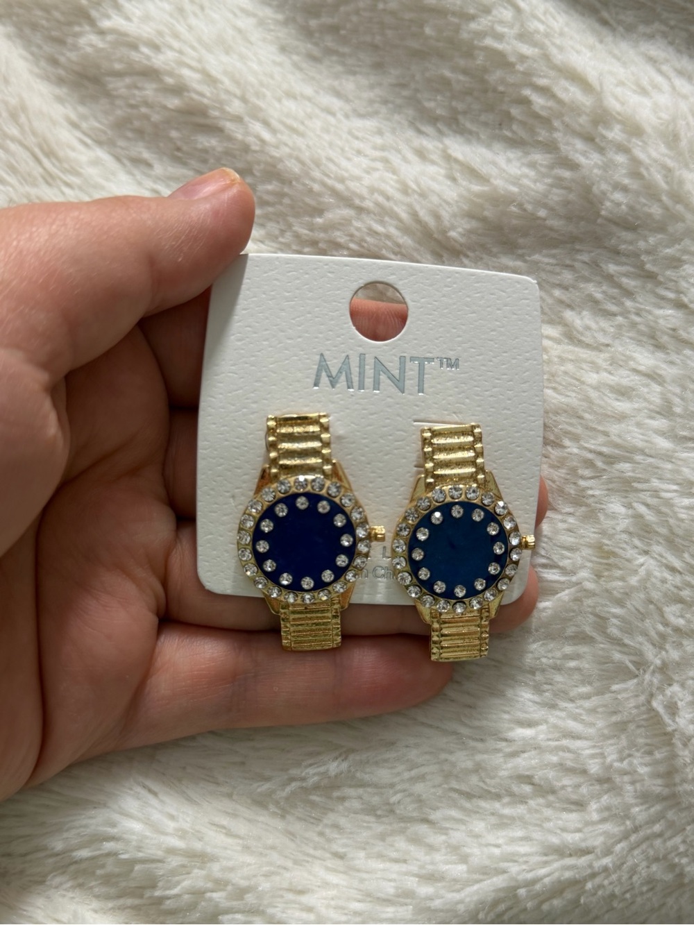 MINT Gold and Navy Crystal Watch-Face Earrings